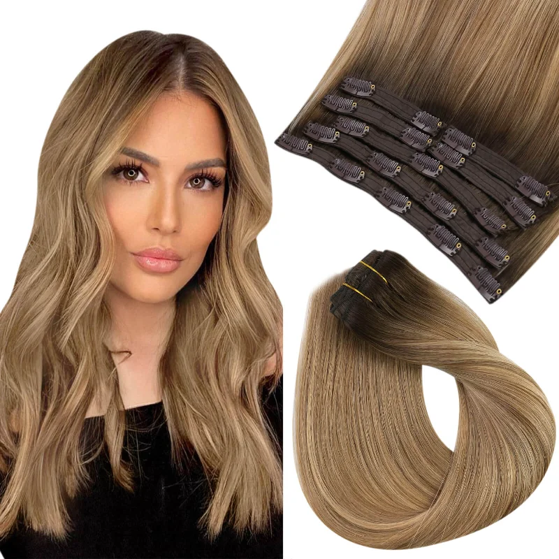 Synthetic clip - in hair extensions with a heat - resistant formula for easy styling[NEW]Real Hair Extensions Clip In Seamless Clip In Hair Extensions Virgin Hair #2/4/27