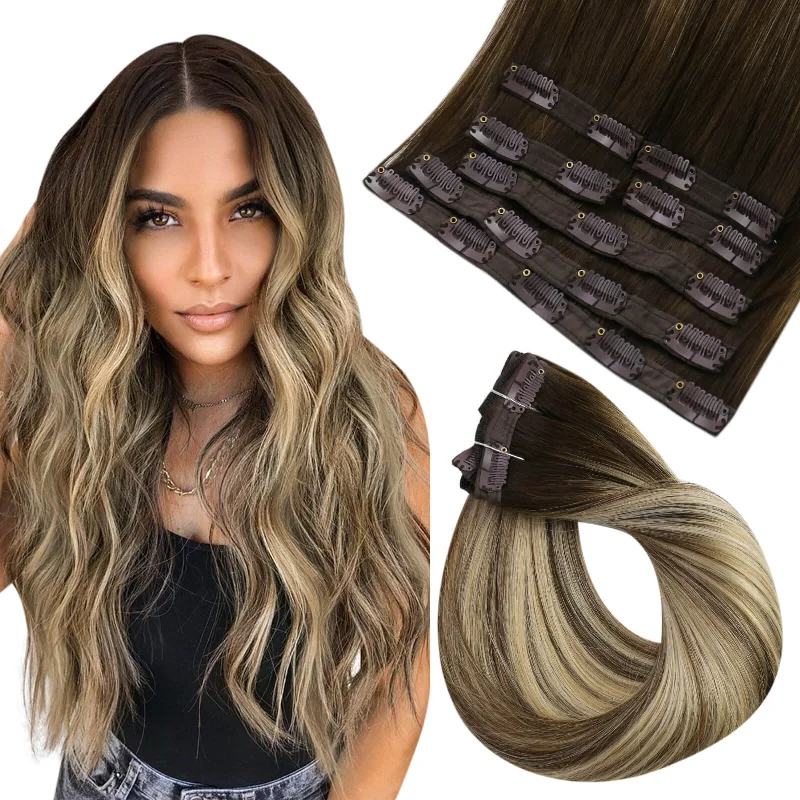 Clip - in hair extensions with a middle - part for a classic and elegant style[NEW]Clip In Hair Extensions For Thin Hair Virgin Long Hair Extensions Balayage #4/8/4/22/800