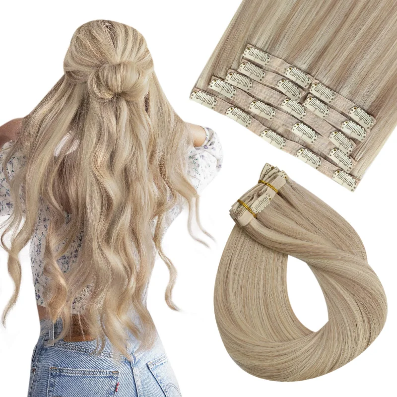 Clip - in hair extensions with a wavy texture for a beachy and relaxed look[NEW]Clip In Seamless Hair Extensions Human Hair Virgin #P18/613 Easyouth