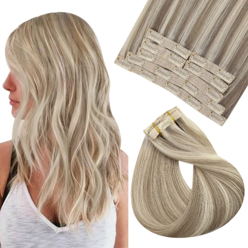 Clip - in hair extensions with a wispy fringe for a soft and feminine look[NEW]Seamless Clip In Hair Extensions Real Human Hair Virgin #P8/60|Easyouth