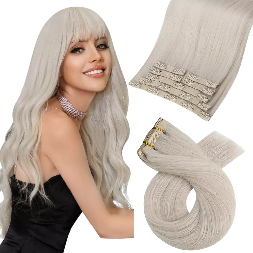 Clip - in hair extensions with a wispy fringe for a soft and feminine lookVirgin Clip in Human Hair Extensions Professional Hair Extensions Blonde #1000