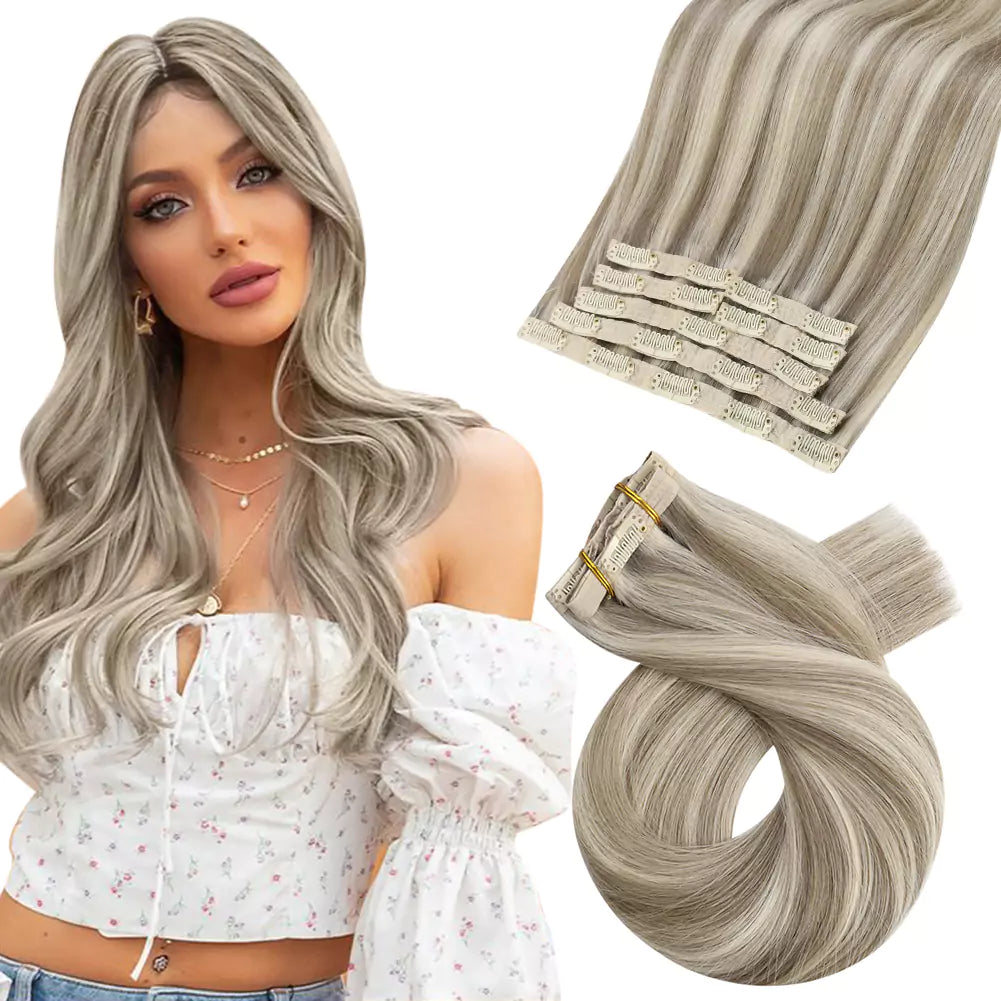 Clip - in hair extensions with a middle - part for a classic and elegant styleVirgin Human Hair Clip in Hair Extensions Highlight Blonde Color #P8/60