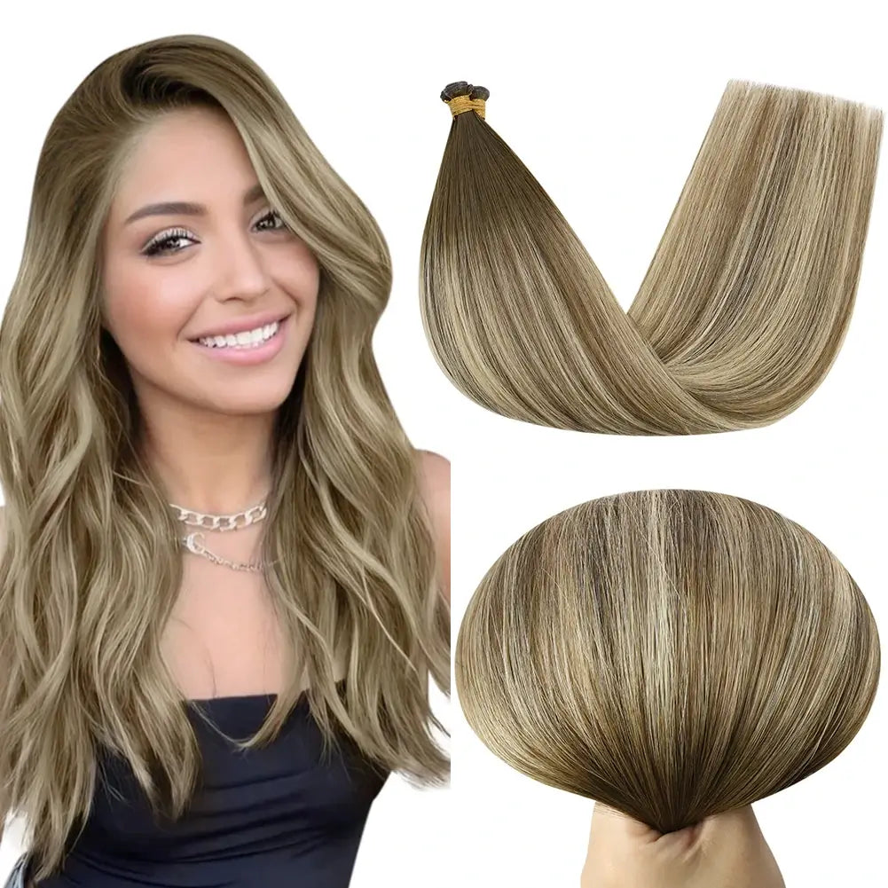 Clip - in hair extensions with a straight texture for a sleek and seamless blend[New]Moresoo Virgin Invisible Genius Weft Hair Extensions Human Hair Bundles Ombre Brown (#4/8/27/4)