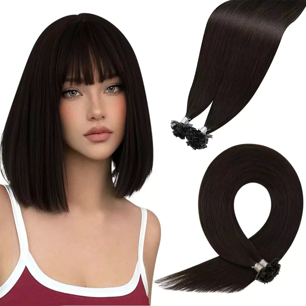 Clip - in hair extensions with a side - part for a more flattering look[U-Tip Upgrade] Virgin K Tip Professional Hair Extensions Darkest Brown #2