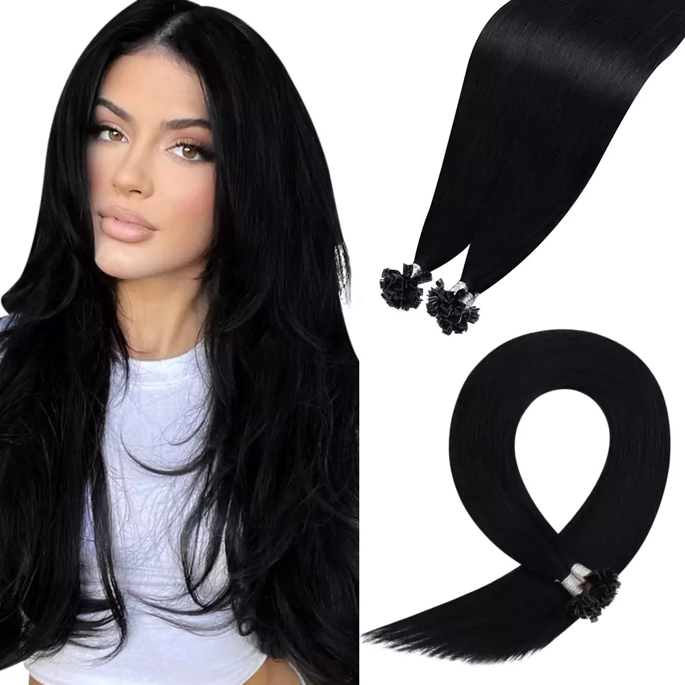 Clip - in hair extensions with a wispy fringe for a soft and feminine look[U-Tip Upgrade] Virgin Keratin Hair Extensions K Tip Human Hair Extensions Jet Black #1