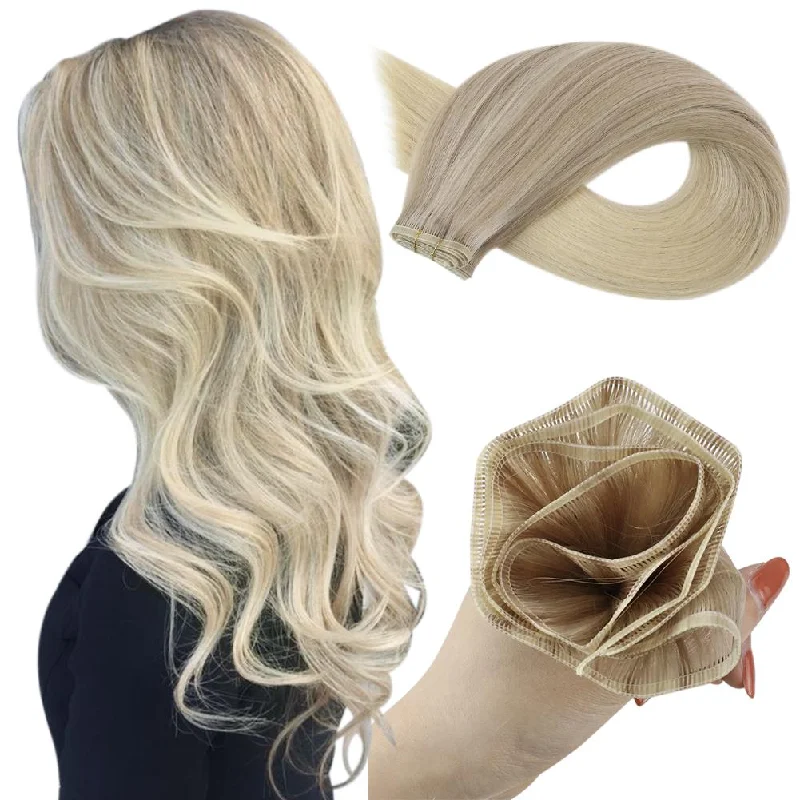 Clip - in hair extensions with a curly texture for a bold and stylish choiceMoresoo Virgin Sew In Flat Silk Weft Hair Extensions Balayage Blonde Color(#18/22/60)