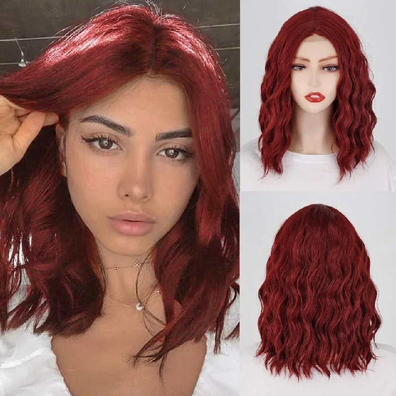 Lace - front wavy wig for a realistic hairlineWavy Auburn Short Synthetic Wigs