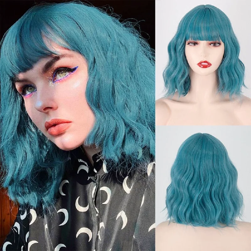 Wavy wig with a side - part for a more flattering lookWavy Blue Short Synthetic Wigs