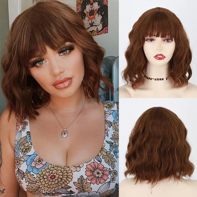 Wavy wig with a wispy fringe for a soft and feminine lookWavy Brown Short Synthetic Wig