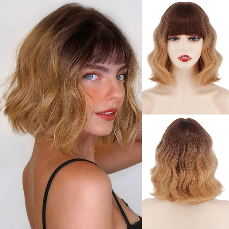 Wavy wig with a water - wave texture for a unique and stylish choiceWavy Brown with Dark Root Synthetic Wig