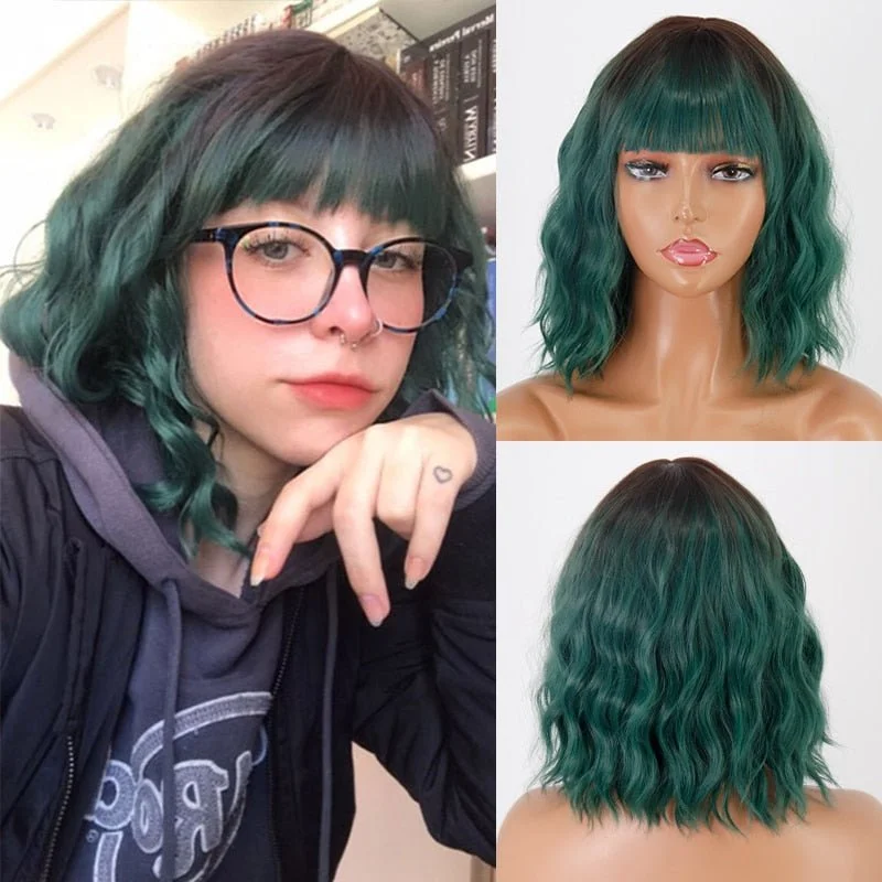 Wavy wig with a pre - bleached knot for a natural - looking scalpWavy Dark Green Short Synthetic Wigs