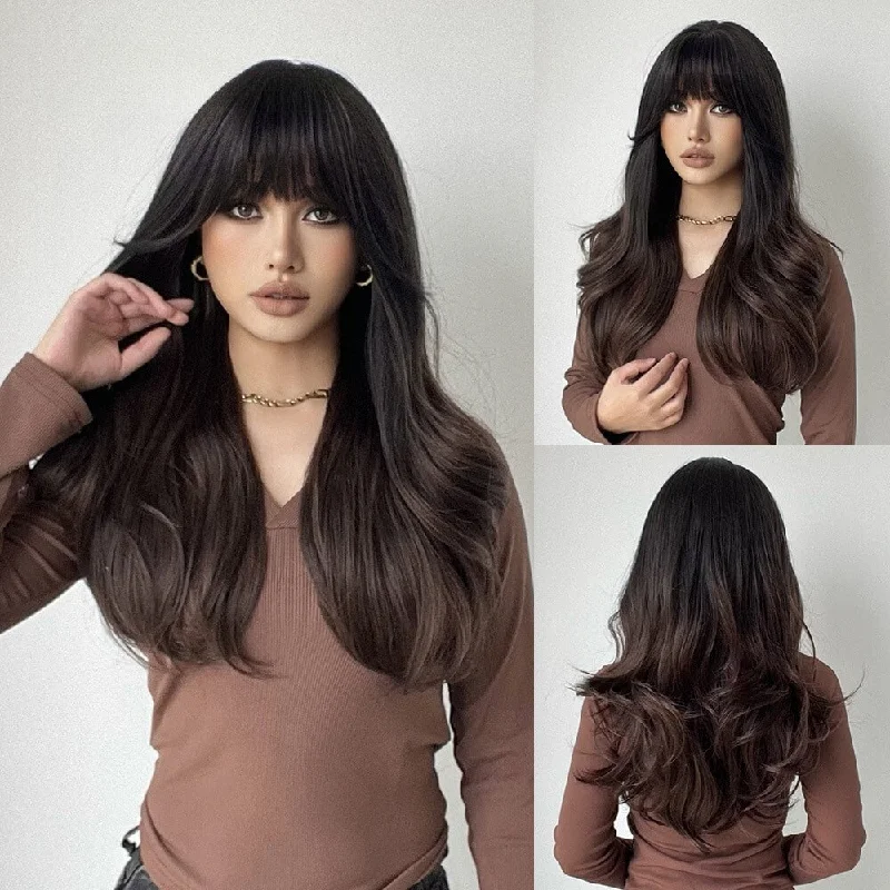 Lace - front wavy wig for a realistic hairlineWavy Dark Root with Brown Hair Synthetic Wig