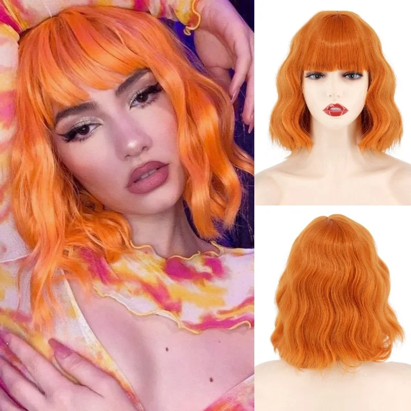 Wavy wig with auburn undertones for a unique and eye - catching colorWavy Ginger Short Synthetic Wigs