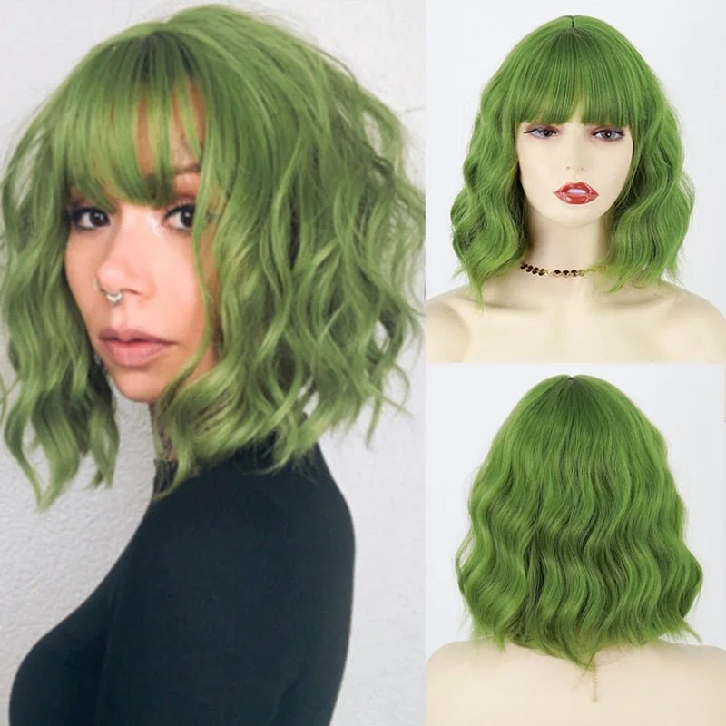 Wavy wig with a natural - looking root for a more realistic lookWavy Light Green Short Synthetic Wigs