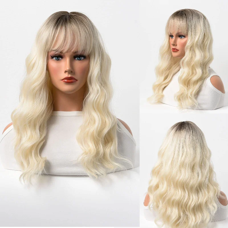 Curly wig with a pre - bleached knot for a natural - looking scalpWavy Heat Resistant Synthetic Hair with Flat Straight Bangs