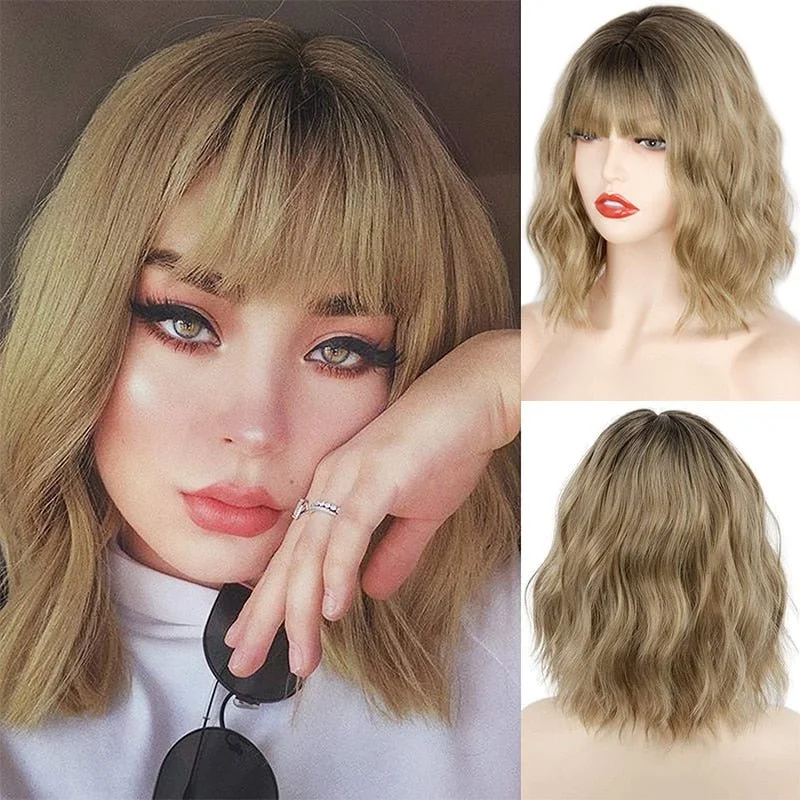 Wavy wig with a wispy fringe for a soft and feminine lookWavy Light Brown Short Synthetic Wigs