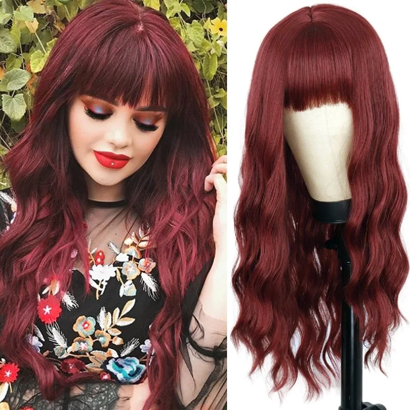 Virgin - human - hair wavy wig for the highest qualityWavy Long Wine Red Synthetic Wig