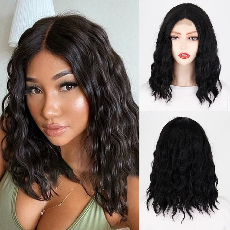 Wavy wig with a natural - looking root for a more realistic lookWavy Natural Black Short Synthetic Wigs