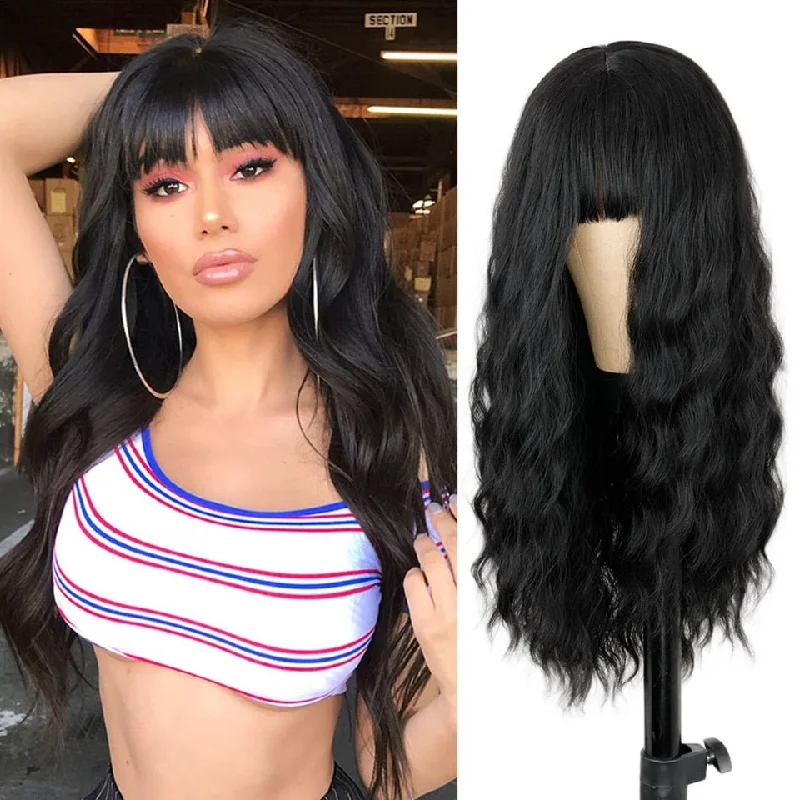 Wavy wig with a pre - bleached knot for a natural - looking scalpWavy Natural Black Synthetic Wig