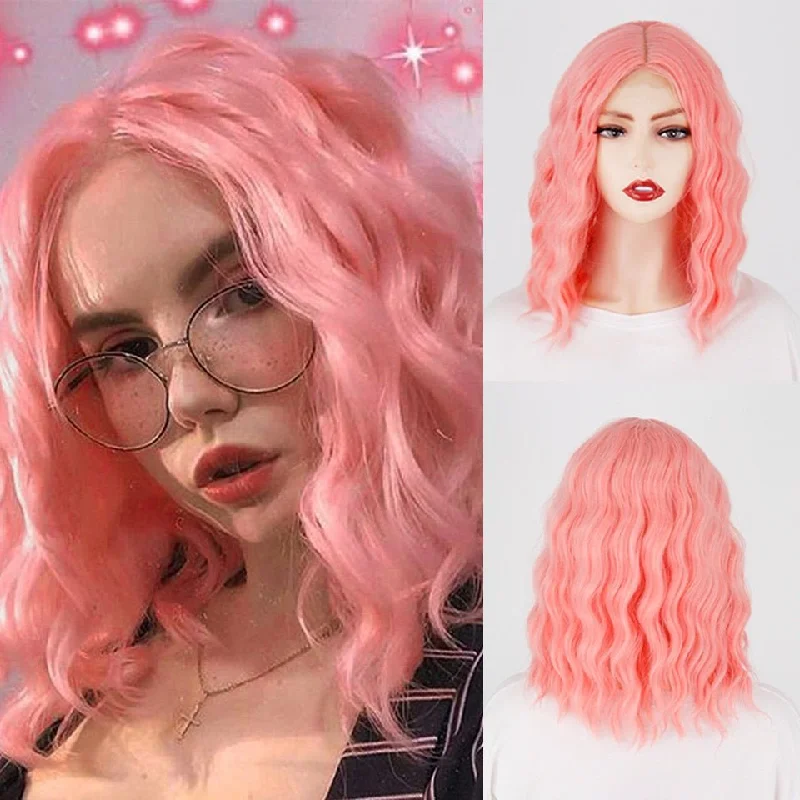 Wavy wig with a silk - base cap for a comfortable and smooth feelWavy Pink Short Synthetic Wigs