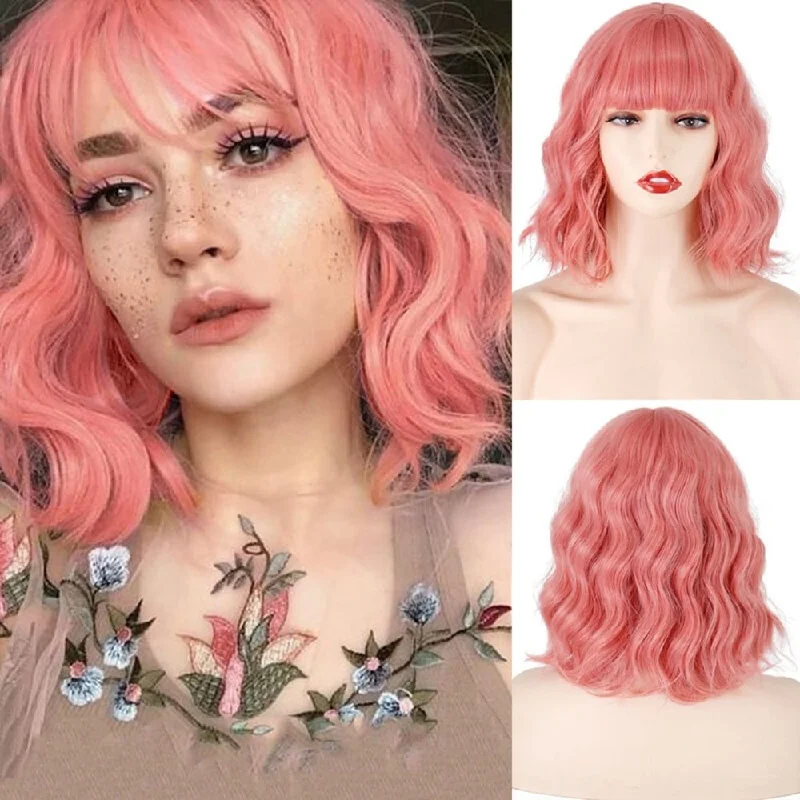 Virgin - human - hair wavy wig for the highest qualityWavy Pink with Bangs Short Synthetic Wigs