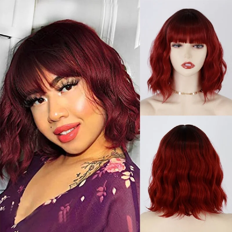 Wavy wig with auburn undertones for a unique and eye - catching colorWine Red Wavy Short Bob Synthetic Wigs