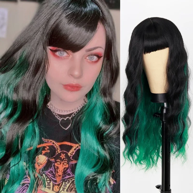 Wavy wig with auburn undertones for a unique and eye - catching colorWavy Black + Green Long Synthetic Wigs