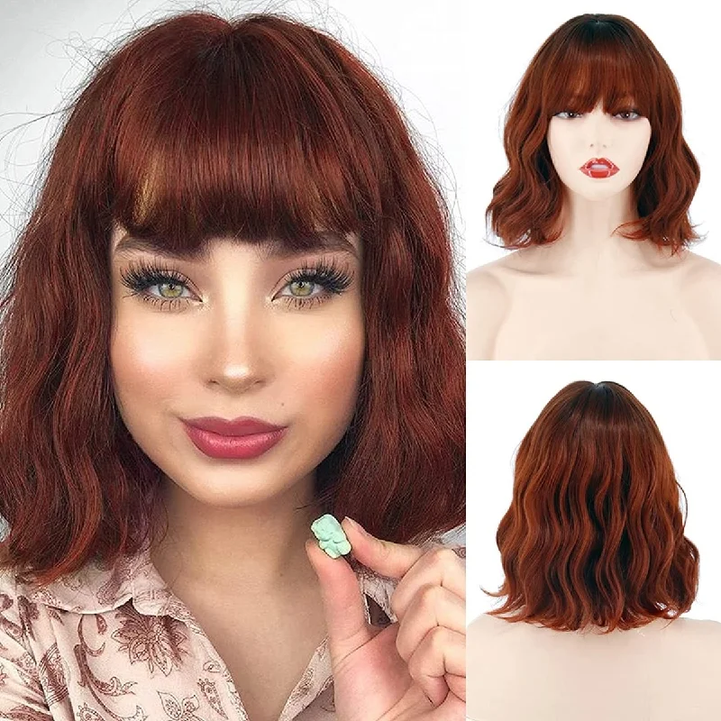 Wavy wig with a wavy bang for a trendy and modern styleWavy Short Bob with Bangs Synthetic Wigs