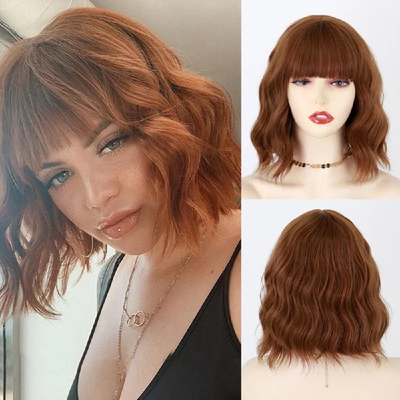 Heat - resistant wavy wig for easy styling at homeWavy Short Brown Synthetic Wigs