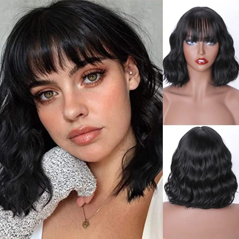 Wavy wig with a pre - styled curl pattern for convenienceWavy Short Natural Black Synthetic Wig