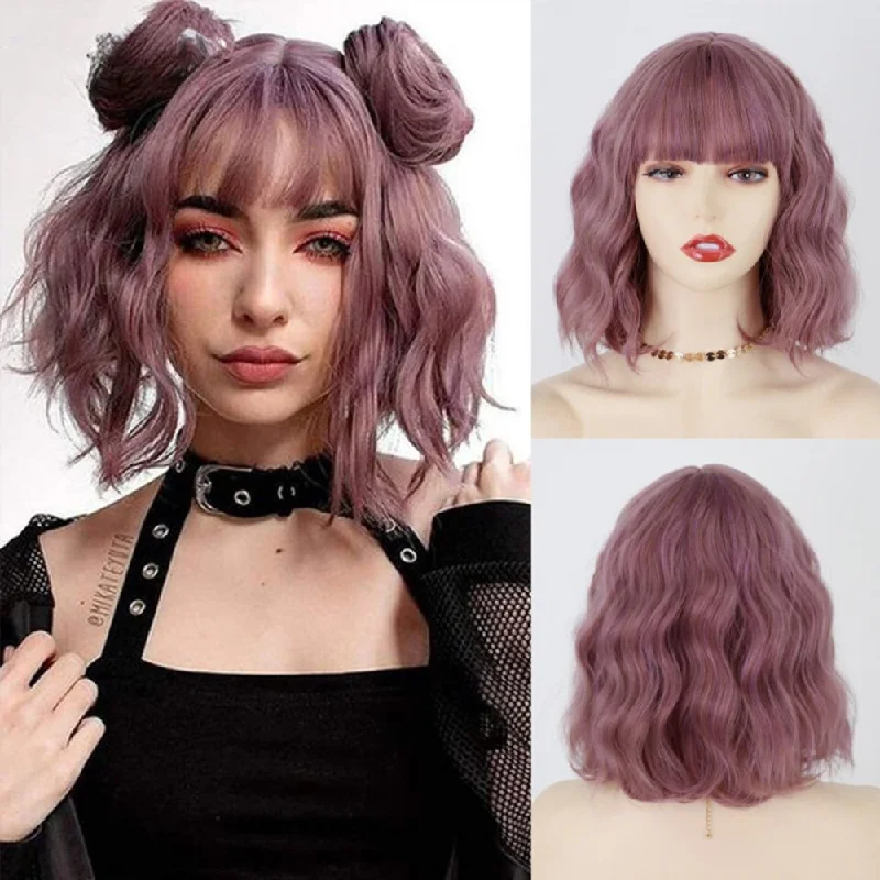 Wavy wig with auburn undertones for a unique and eye - catching colorWavy Short Pink Synthetic Wig