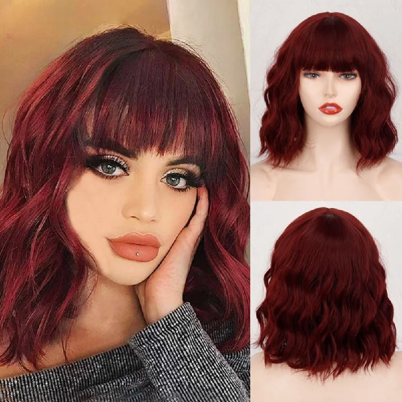 Synthetic wavy wig with a heat - friendly formulaWavy Short Wine Red Synthetic Wig