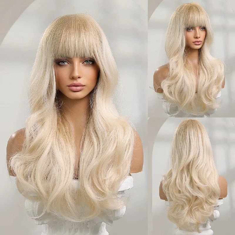 Human - hair wavy wig for a natural and luxurious feelWavy Long with Bangs Synthetic Wig