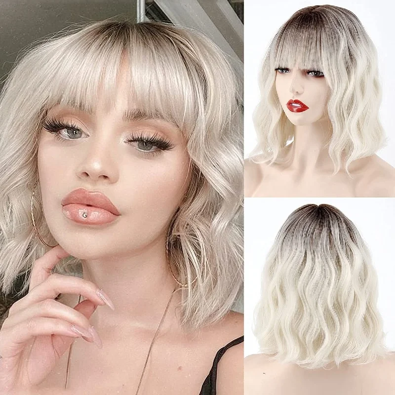 Body - wave wig with a full and voluminous lookWhite Blonde Wavy Short Bob Synthetic Wigs