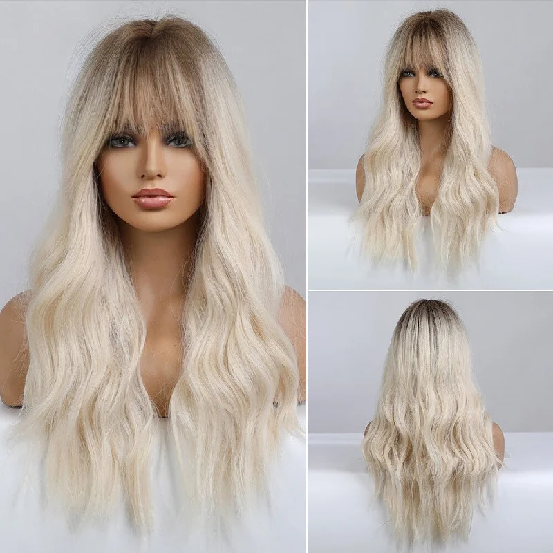 Long - length wavy wig with loose waves for a glamorous lookWhite Wavy Dark Root with Bangs Synthetic Wig