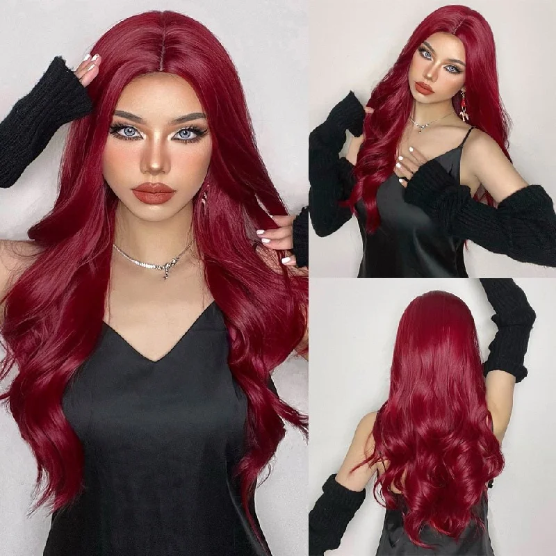 Human - hair wavy wig for a natural and luxurious feelWine Red Colored Long Wavy Synthetic Wigs