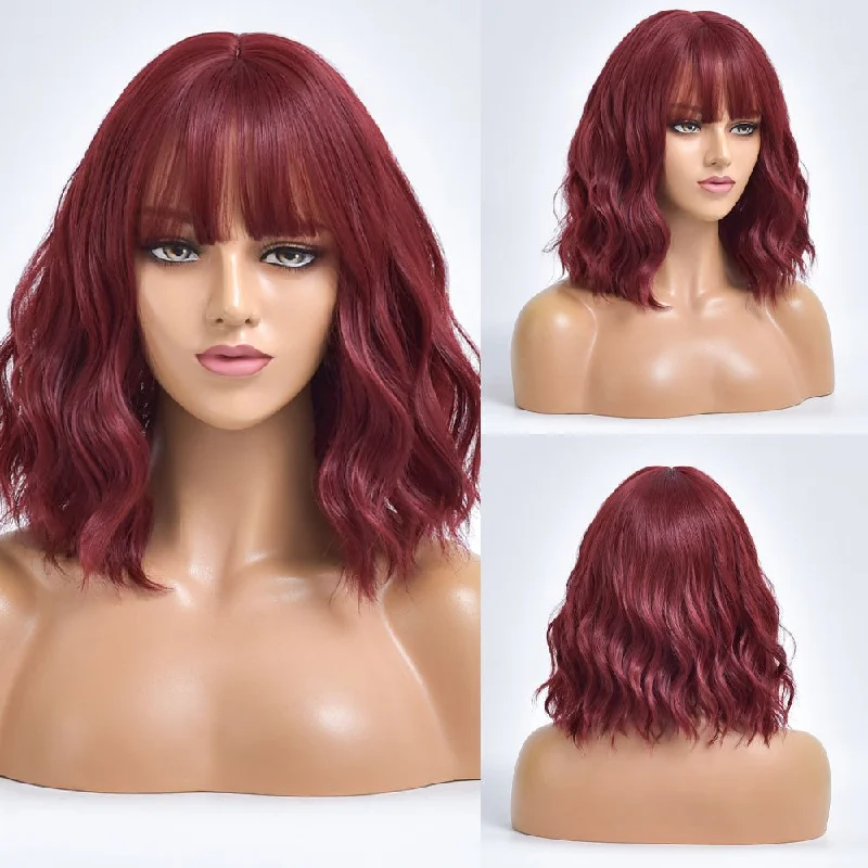 Wavy wig in a chocolate - brown color for a rich and warm appearanceWine Red Short Synthetic Wig With Bangs