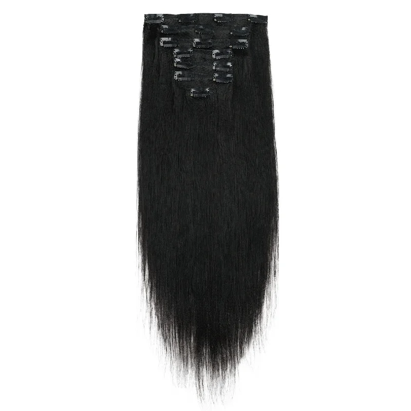 Clip - in hair extensions with a middle - part for a classic and elegant styleYaki Straight Clip-In Extensions Virgin Human Hair