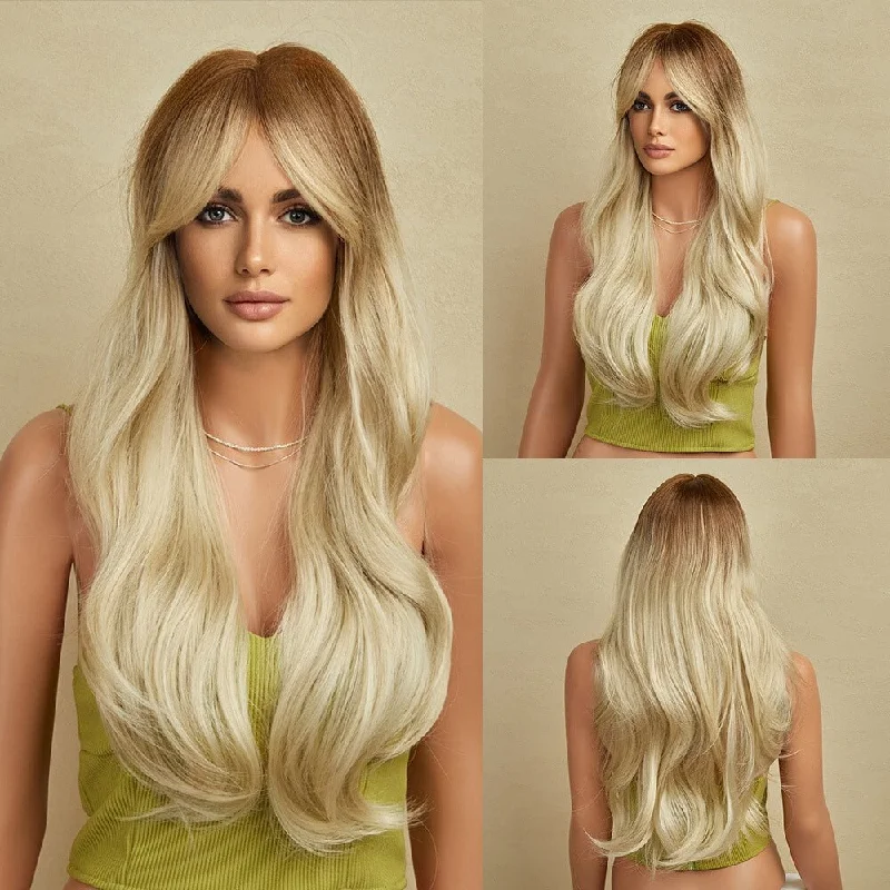 Wavy wig with a natural - looking root for a more realistic lookYellow Long Wavy Dark Root with Bangs Wig