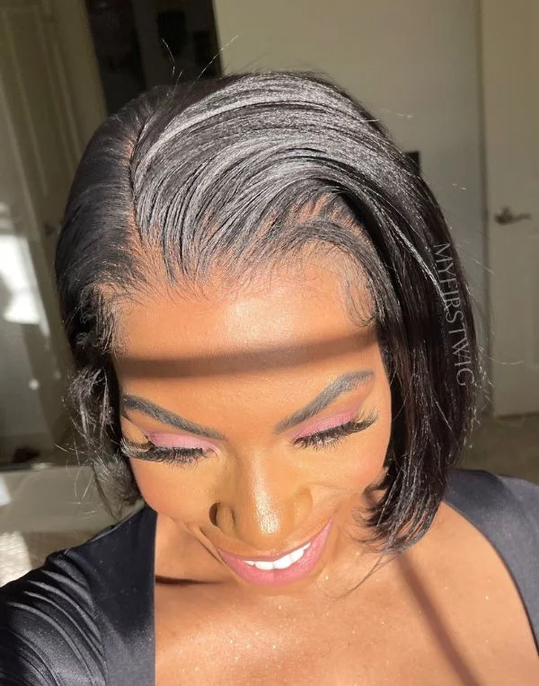 Glueless wig with a wavy texture for a beachy look10-12 Inch Yaki Texture Side Part Bob Glueless Human Hair Lace Wig / Closure Wig - Yaki027