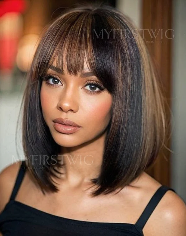 Glueless wig in a chestnut - brown color for a warm and rich appearance10-14 Inch Brown Highlight Bob With Bangs Glueless Human Hair Lace Wig / Closure Wig - LFB058