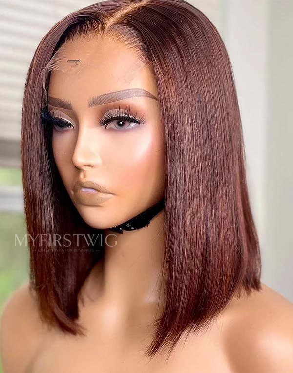 Glueless wig in a chestnut - brown color for a warm and rich appearance10-14 Inch Glueless Bob Reddish Brown Human Hair Lace Wig / Closure Wig - TDC013