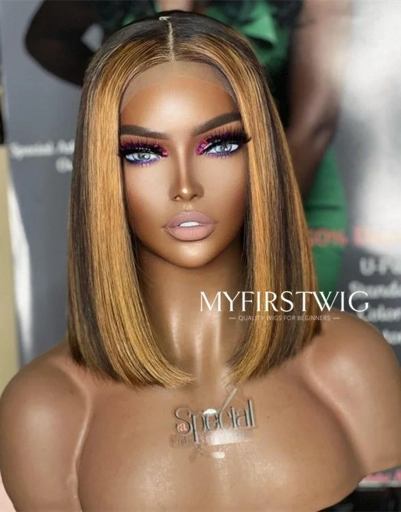 Glueless wig with a 4x4 lace closure for a secure fit10-14 Inch Ombre with Blonde Highlight Bob Glueless Human Hair Lace Wig / Closure Wig - SPE032