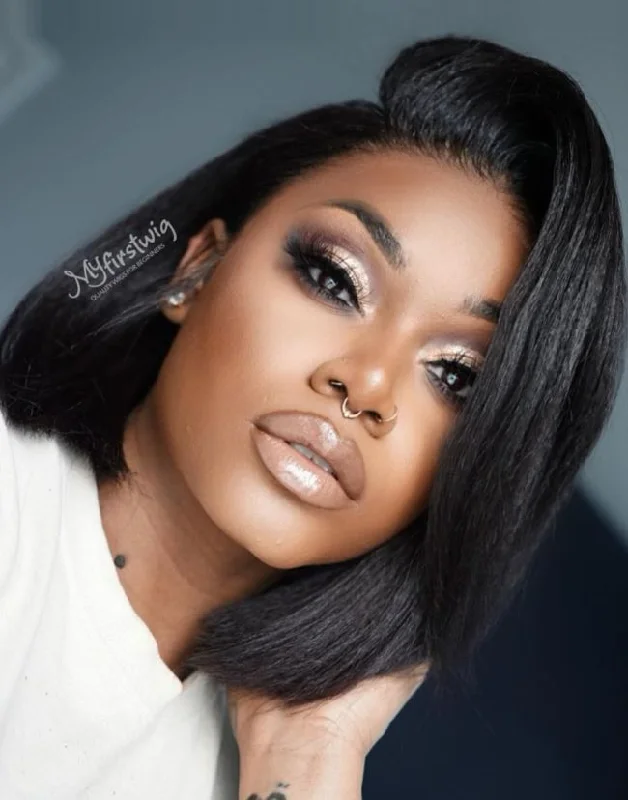 Glueless wig with a straight texture for a sleek and minimalist look12-14 Inch Side Part Kinky Bob Glueless Human Hair Lace Wig / Closure Wig - Laurasia LFK003