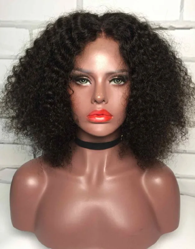 Glueless wig with a platinum - blonde color for a bold and trendy look12-16 Inch Natural Kinky Curly Bob Glueless Human Hair Lace Wig / Closure Wig - Candice LFC002