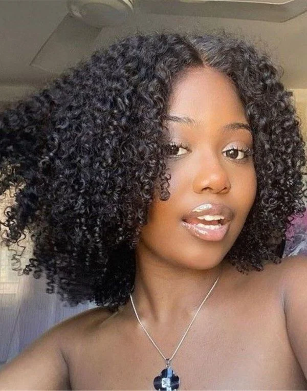 Glueless wig in a chestnut - brown color for a warm and rich appearance12-16 Inch Natural Kinky Curly Bob Glueless Human Hair Lace Wig / Closure Wig - NTX003