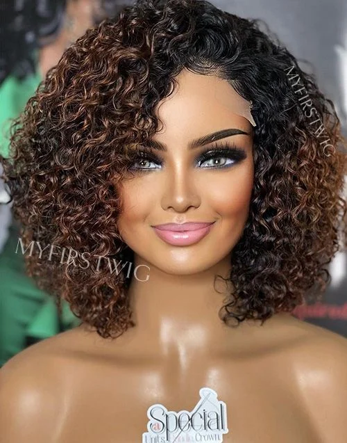 Glueless human - hair wig for a comfortable and natural feel12-16 Inch Ombre Brown Curly Glueless Human Hair Lace Wig / Closure Wig - SPE008