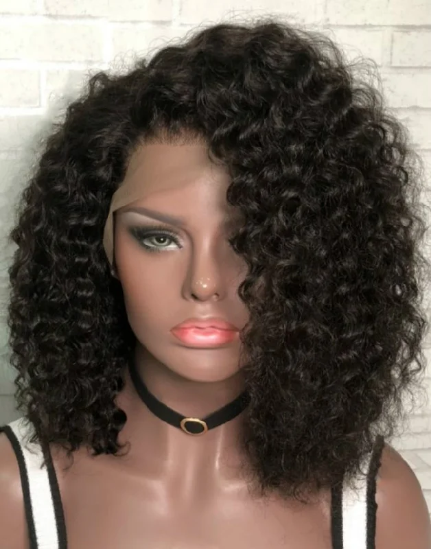 Glueless wig with a honey - blonde color for a warm and sunny appearance12-16 Inch Water Wave Curly Bob Glueless Human Hair Lace Wig / Closure Wig - Gemini003