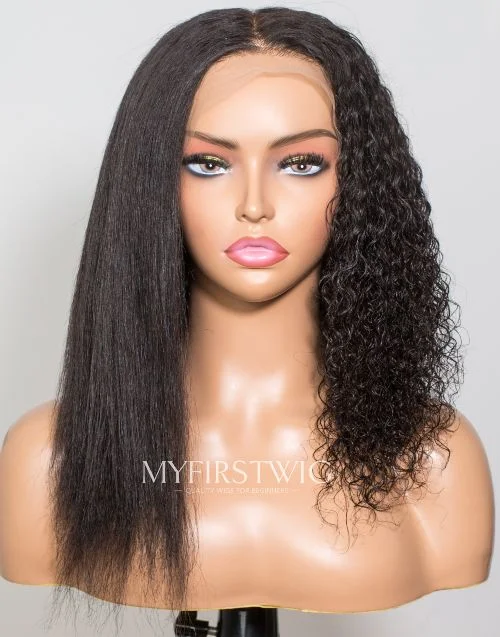 Glueless wig with a middle - part for a classic and elegant style14-16 Inch 2in1 Wet & Wavy Glueless Human Hair Lace Wig / Closure Wig - WWL001