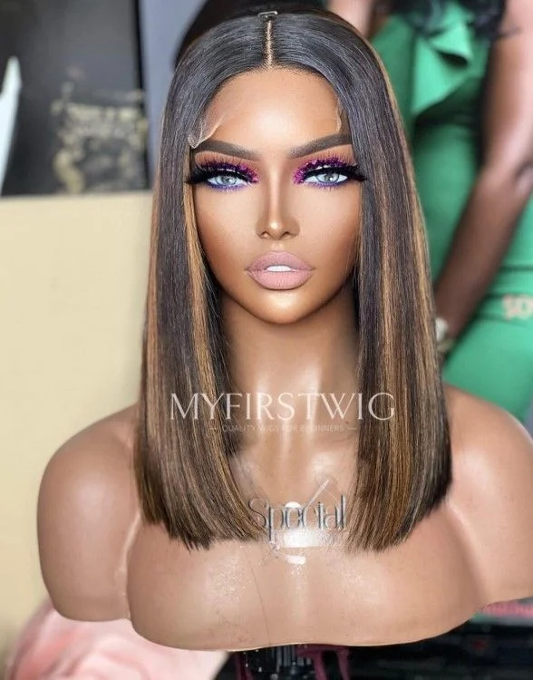 Glueless wig with a wispy fringe for a soft and feminine look14-16 Inch Brown Highlight Bob Glueless Human Hair Lace Wig / Closure Wig - SPE034